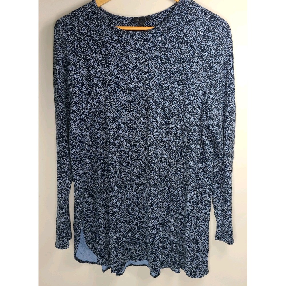 J. Jill Wearever Collection Floral Print Long Sleeve Tunic Top Blue Black Flowy - Picture 2 of 6